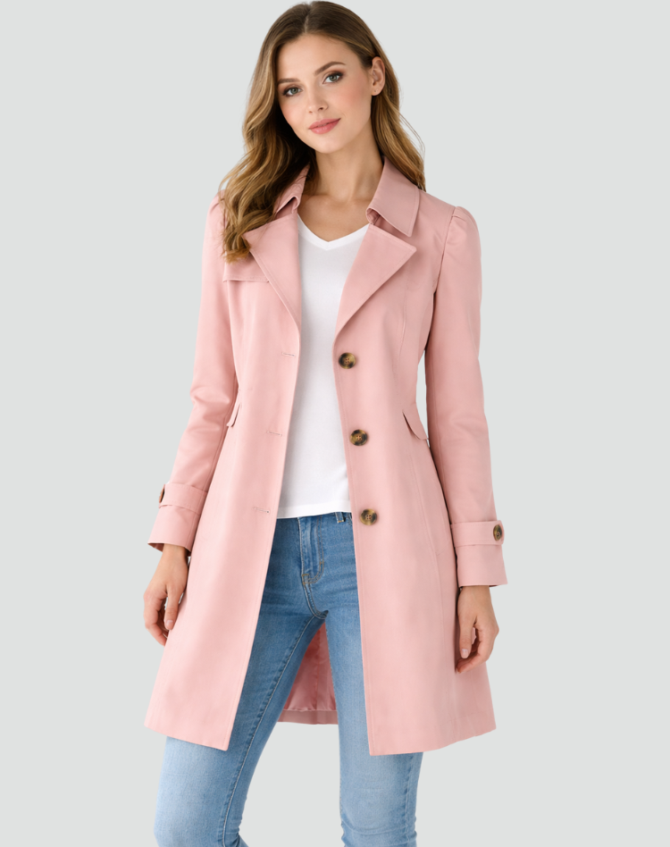 Women's slim fit trench coat with notched lapels, buttons and flap pockets
