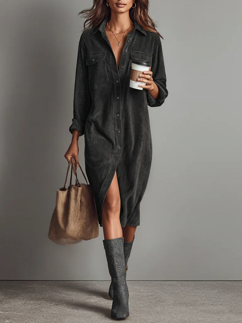 Women's corduroy shirt midi dress with long sleeves, chest pockets and front buttons