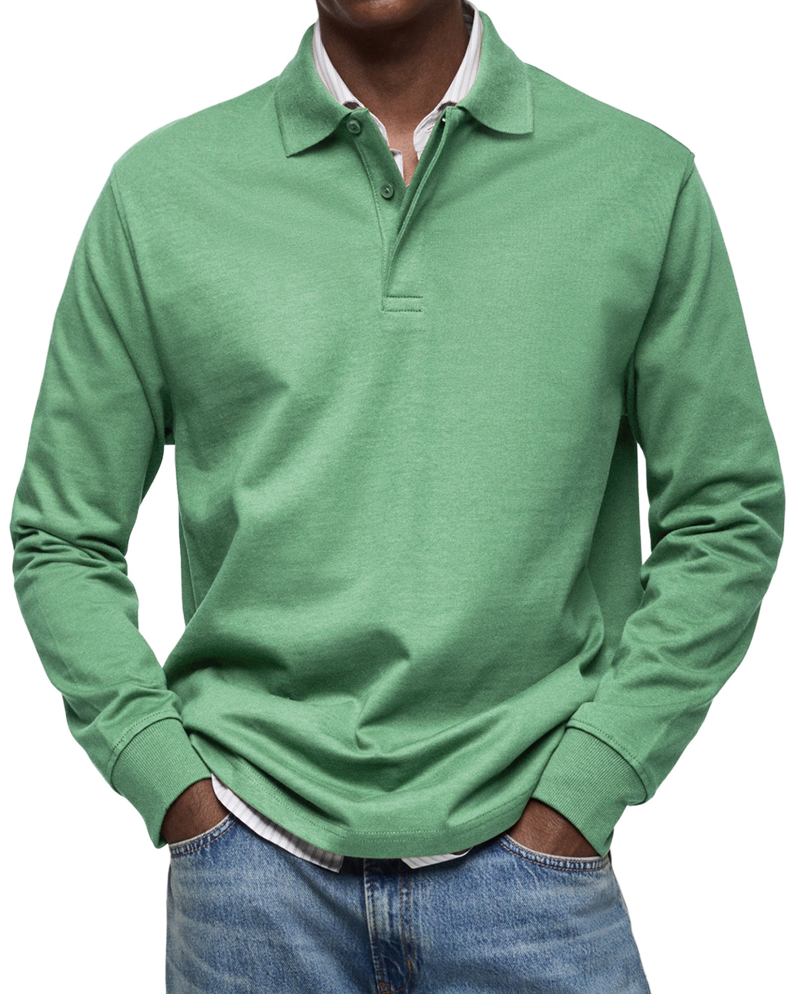 Men's long-sleeve polo jumper with collared neckline and button placket