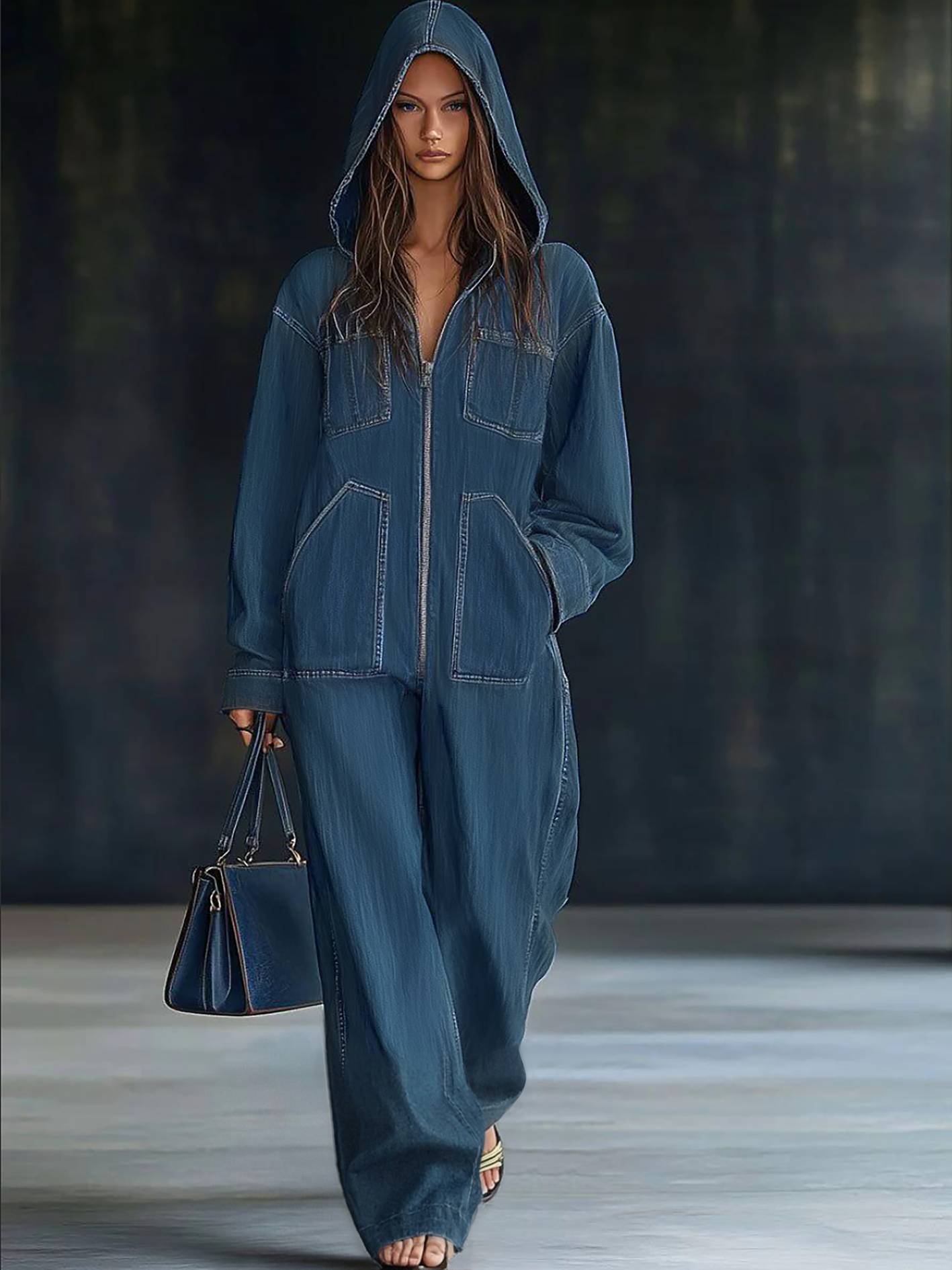 Women's Denim Hooded Zip Jumpsuit Blue Loose Fit Utility