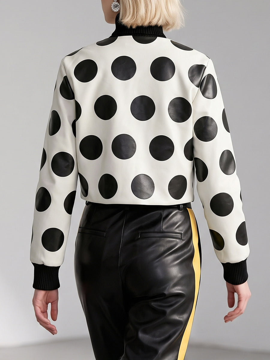 Women's cropped jacket with black polka dots, long sleeves and front zip