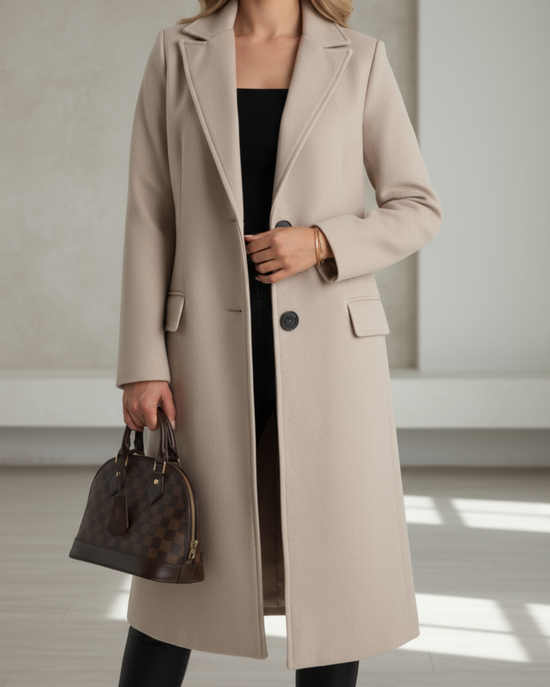 Women's long tailored coat with notched lapels, long sleeves and button front