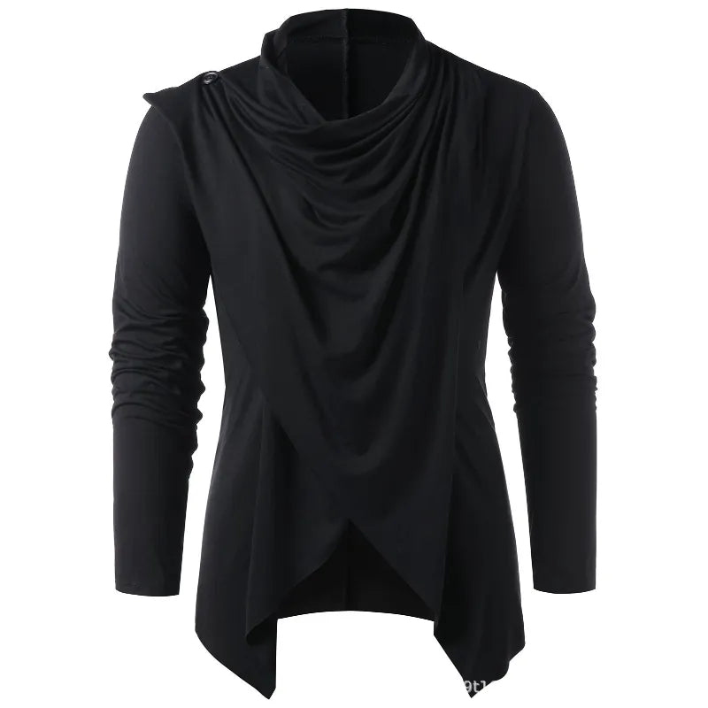 Men's long sleeve draped top with cowl neckline and asymmetric pointed hem
