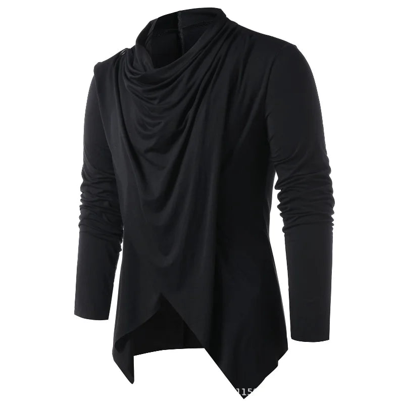 Men's long sleeve draped top with cowl neckline and asymmetric pointed hem