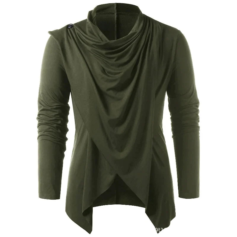 Men's long sleeve draped top with cowl neckline and asymmetric pointed hem