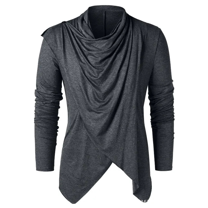 Men's long sleeve draped top with cowl neckline and asymmetric pointed hem