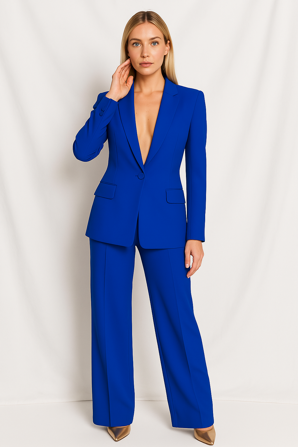 Women's two-piece blazer and straight-leg trouser suit with notched lapels and flap pockets