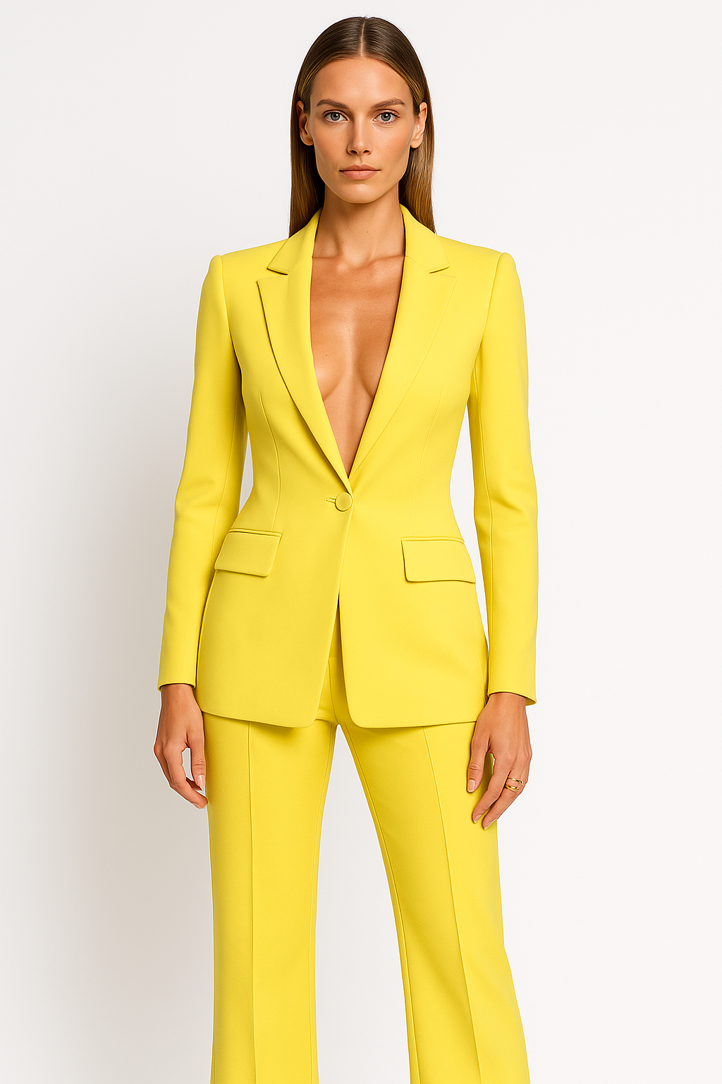 Women's two-piece blazer and straight-leg trouser suit with notched lapels and flap pockets