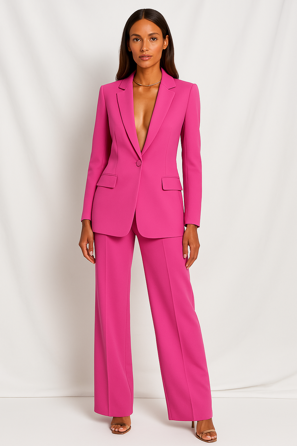 Women's two-piece blazer and straight-leg trouser suit with notched lapels and flap pockets