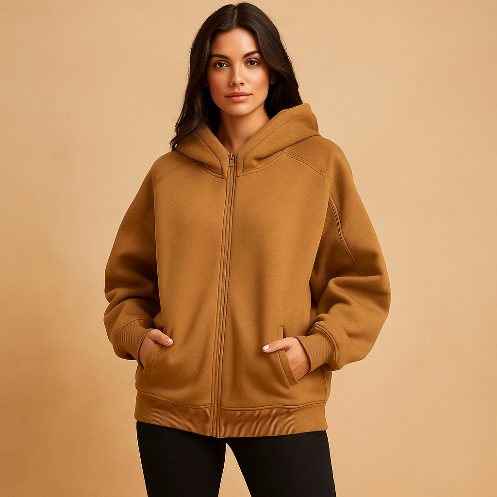 Women's oversized hooded zip-up sweatshirt with front pockets
