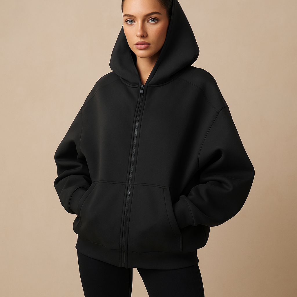 Women's oversized hooded zip-up sweatshirt with front pockets