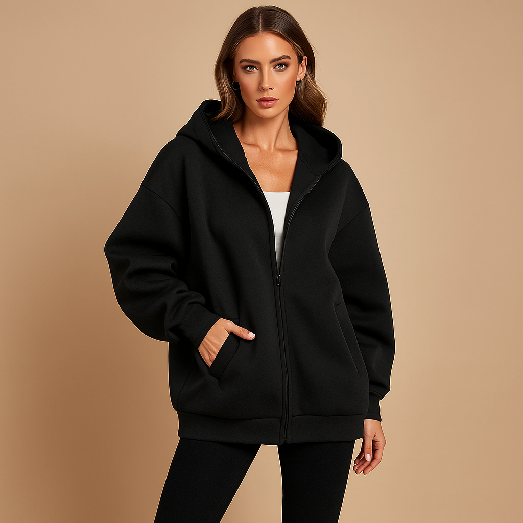 Women's oversized hooded zip-up sweatshirt with front pockets