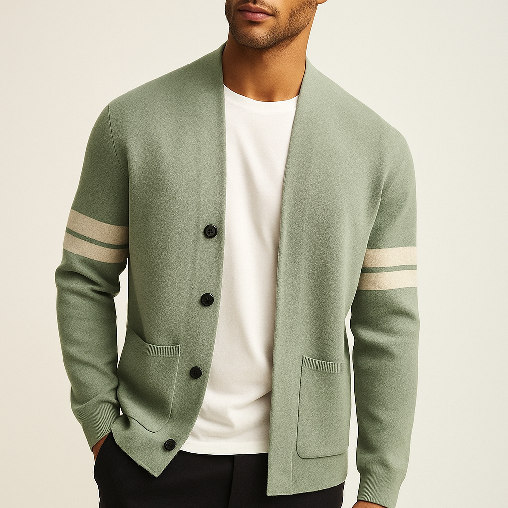 Men's long-sleeved striped cardigan with button fastening and front patch pockets