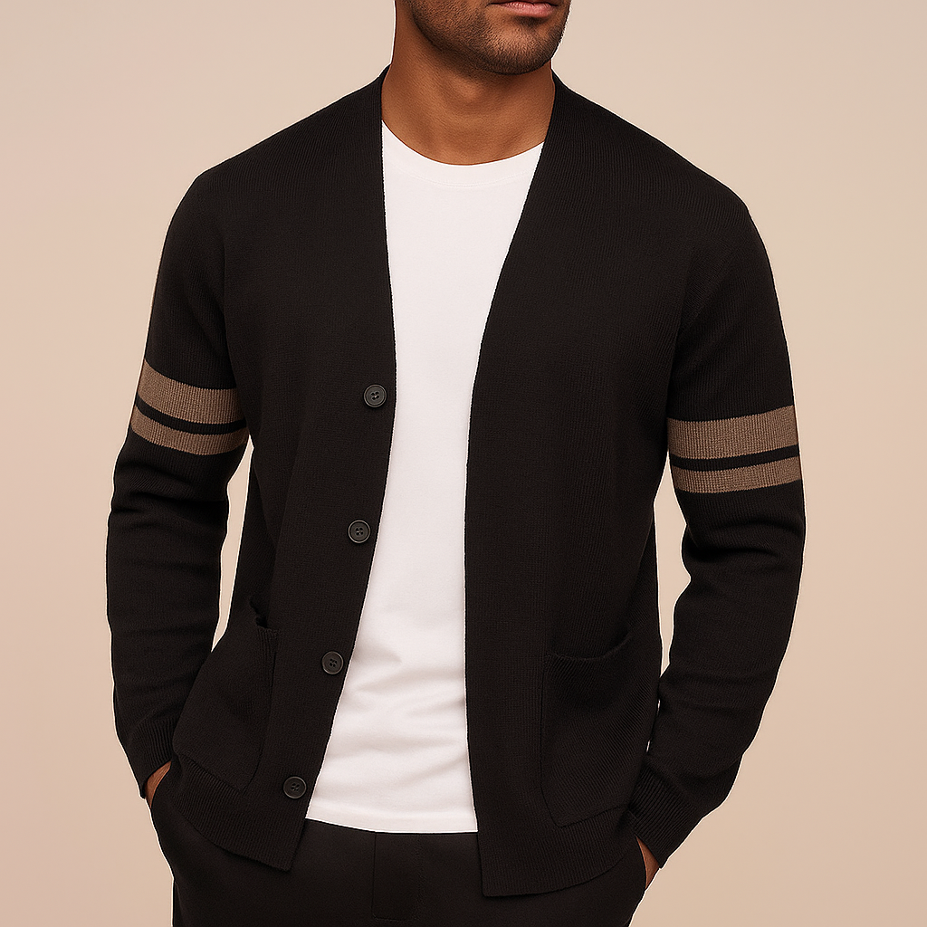 Men's long-sleeved striped cardigan with button fastening and front patch pockets