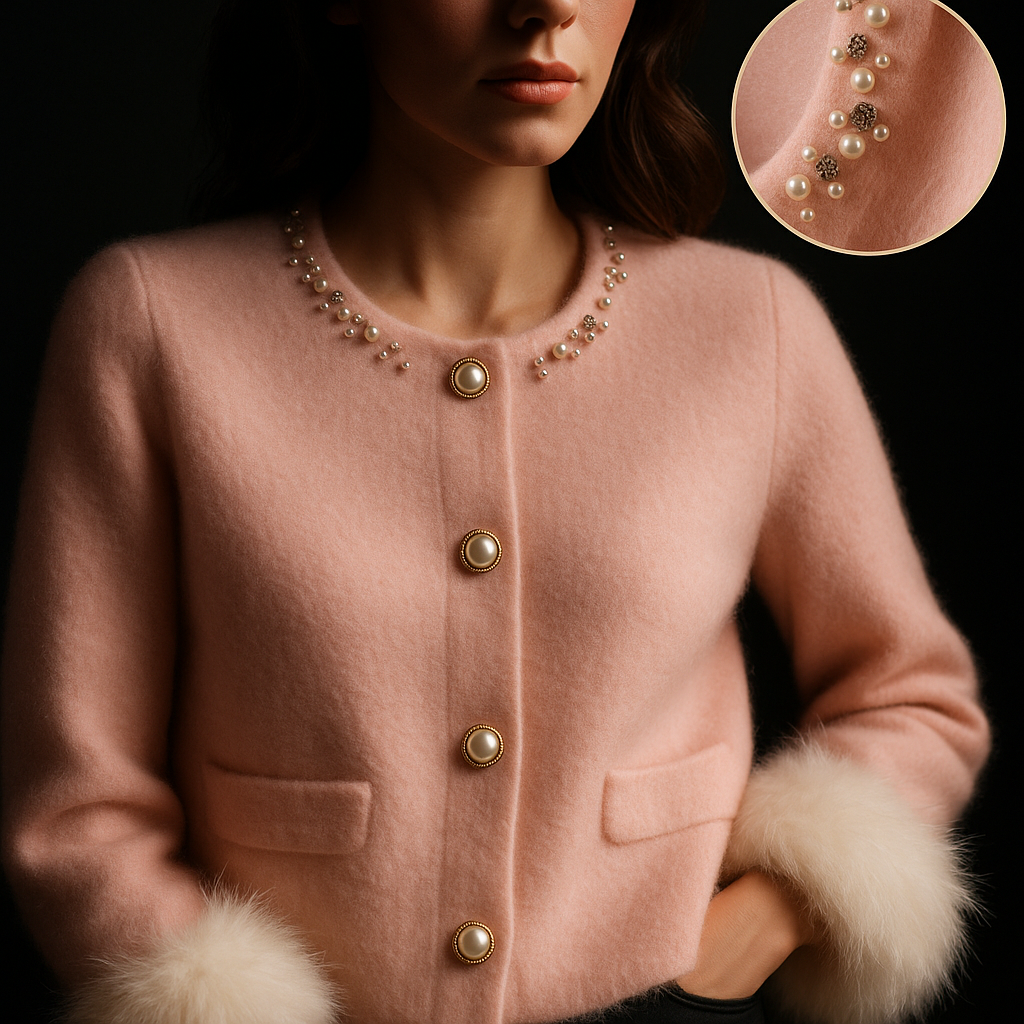 Women's cardigan with embellished round neckline, button front and fluffy cuff trims