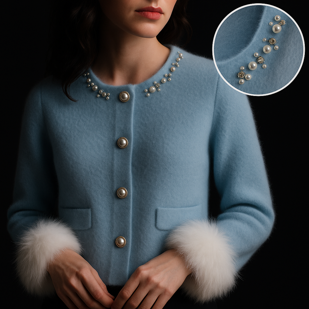 Women's cardigan with embellished round neckline, button front and fluffy cuff trims
