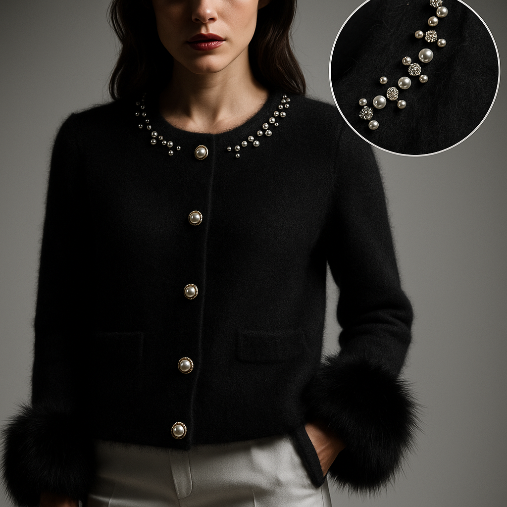 Women's cardigan with embellished round neckline, button front and fluffy cuff trims