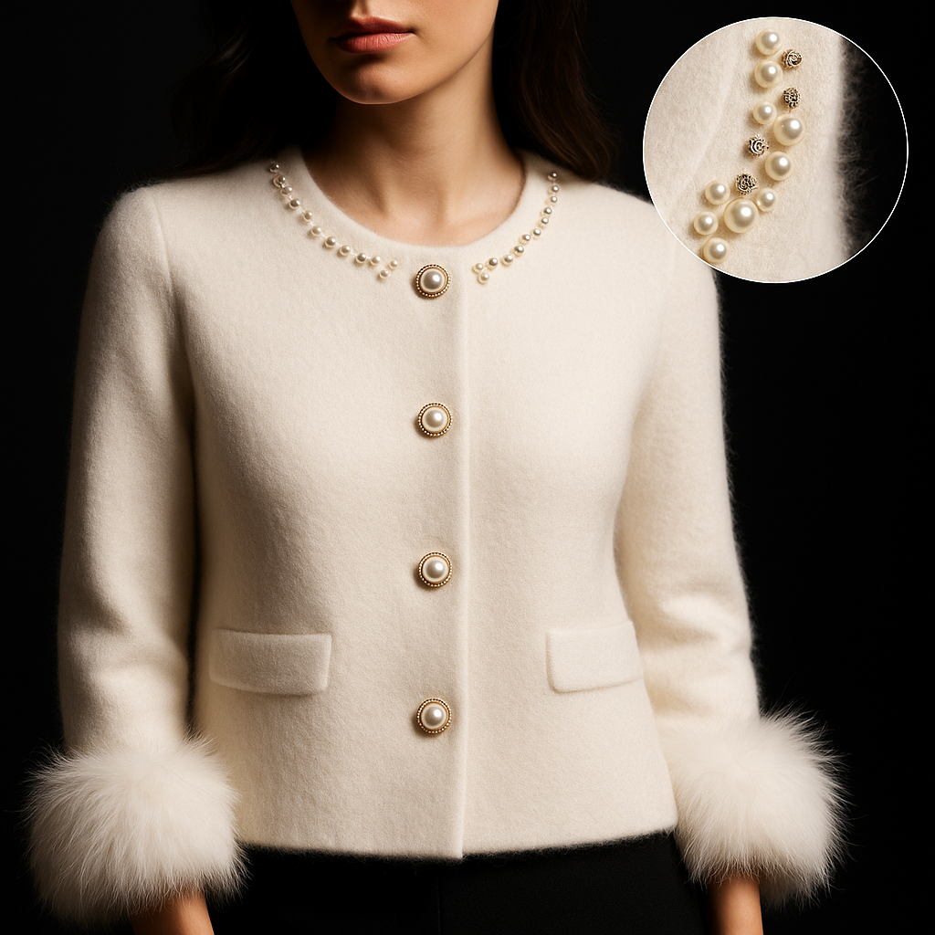 Women's cardigan with embellished round neckline, button front and fluffy cuff trims