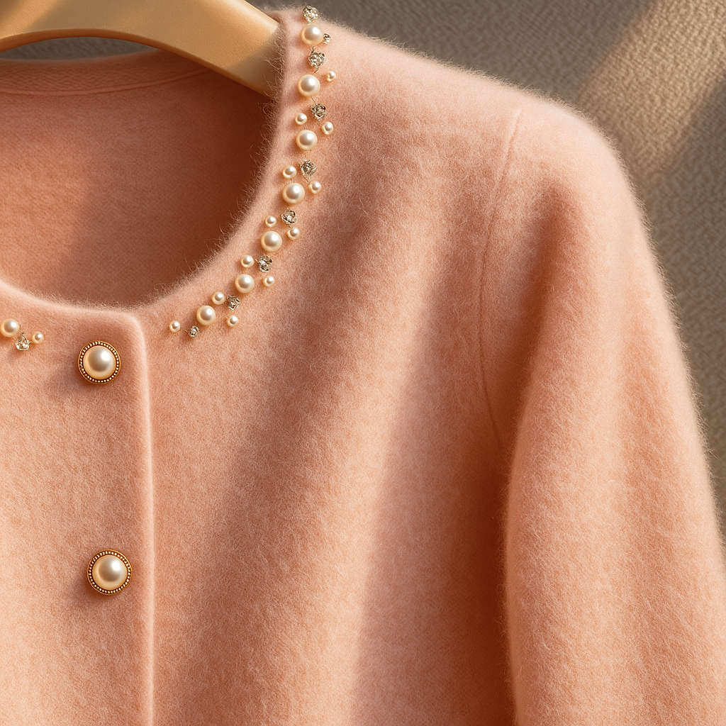 Women's cardigan with embellished round neckline, button front and fluffy cuff trims