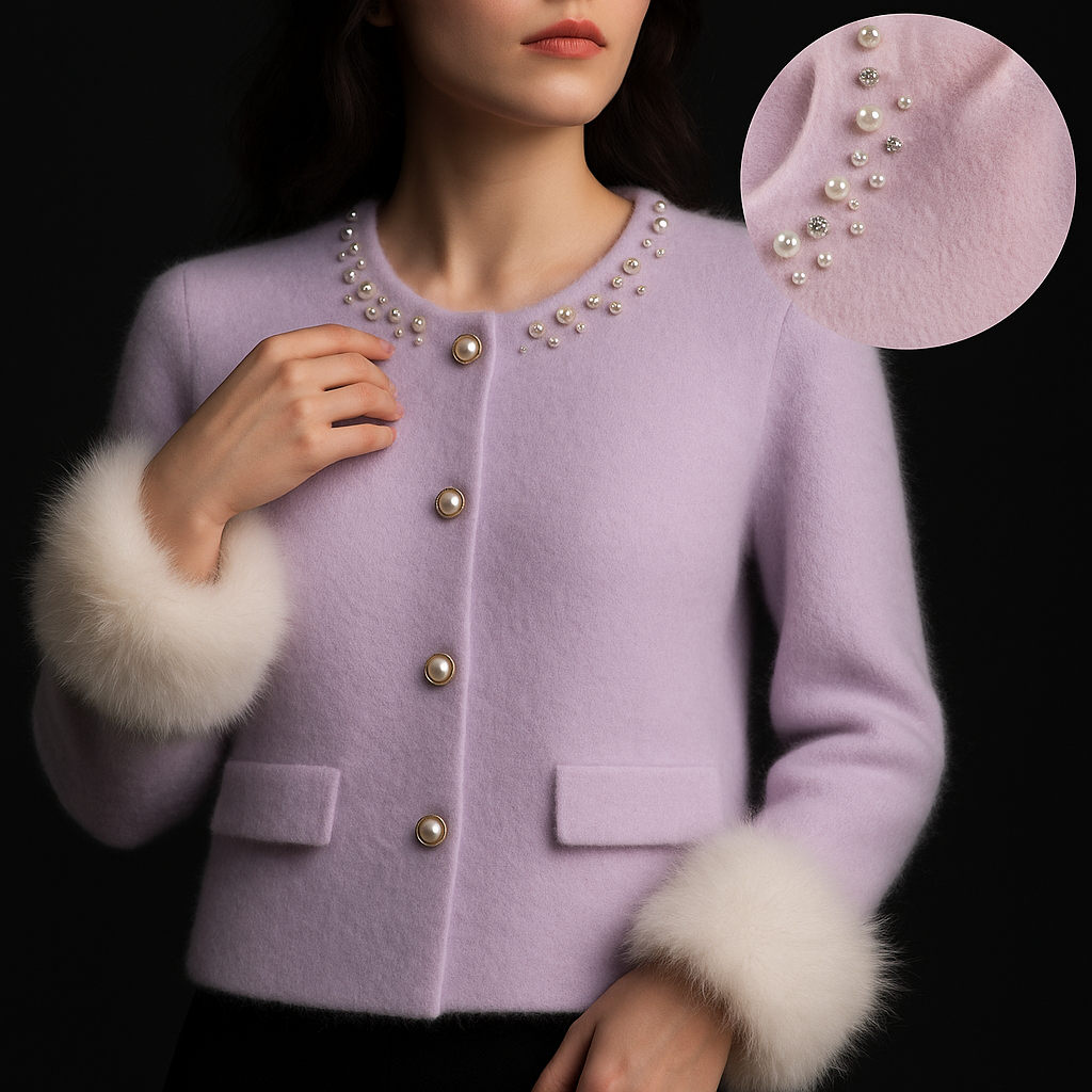 Women's cardigan with embellished round neckline, button front and fluffy cuff trims