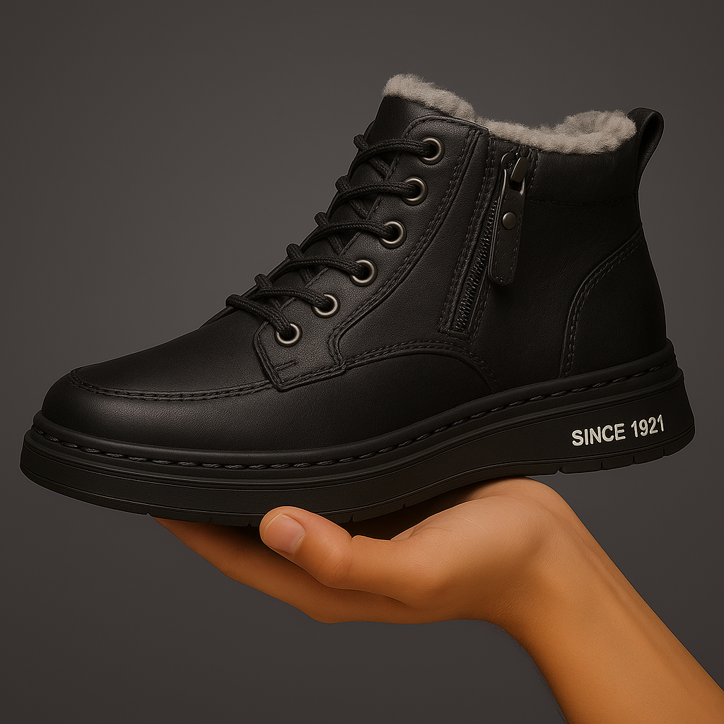 Men's shearling ankle boots with lace-up front, side zip and fleece-look collar