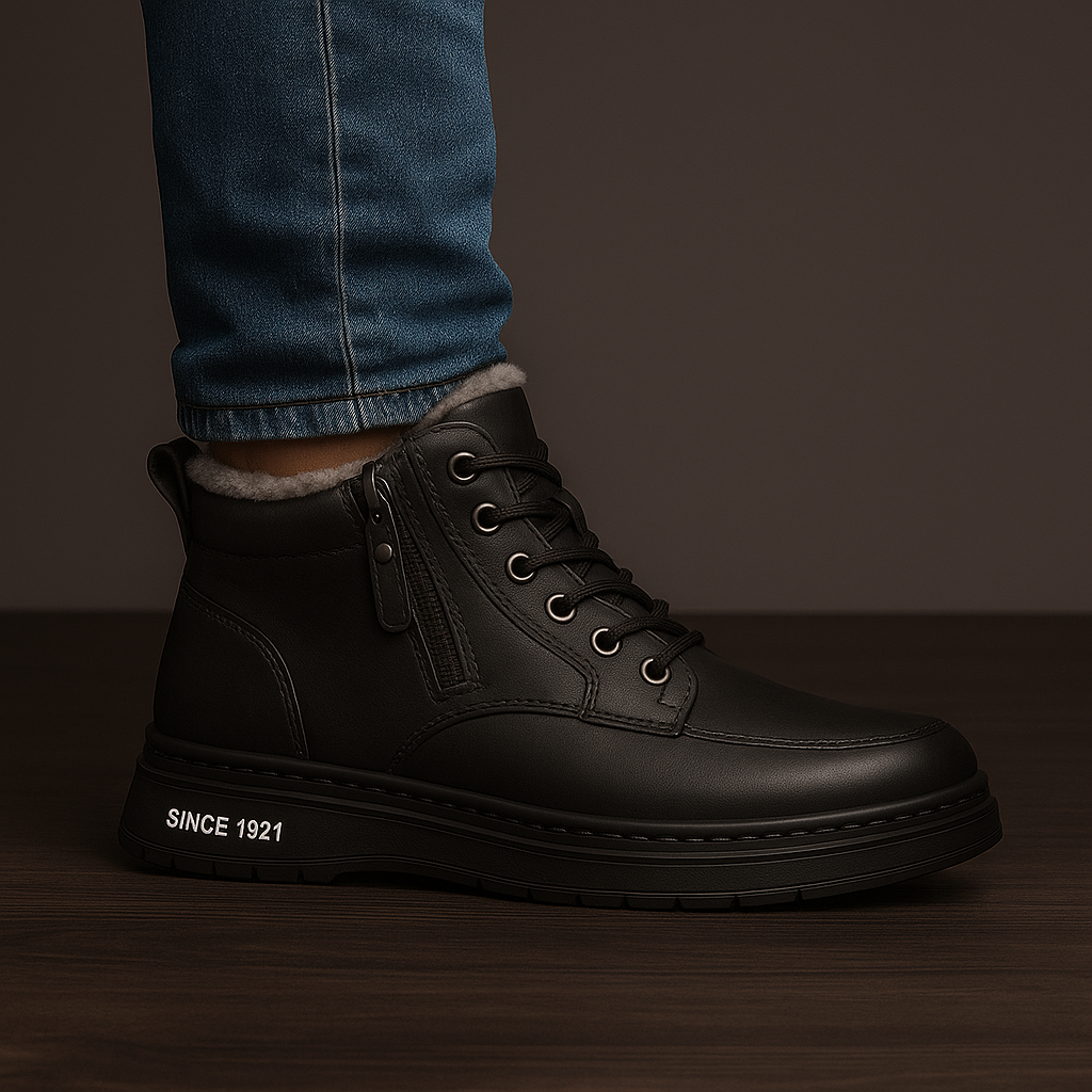 Men's shearling ankle boots with lace-up front, side zip and fleece-look collar