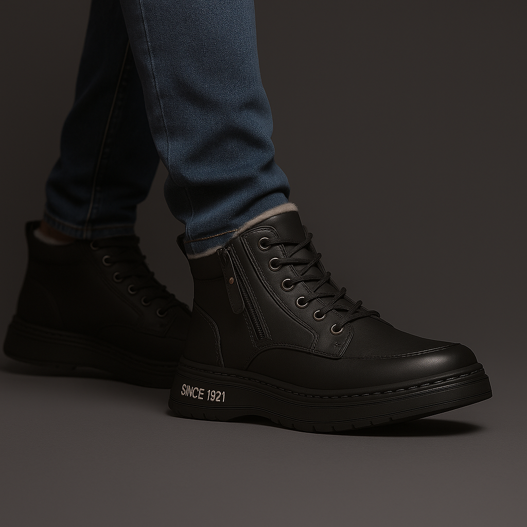 Men's shearling ankle boots with lace-up front, side zip and fleece-look collar