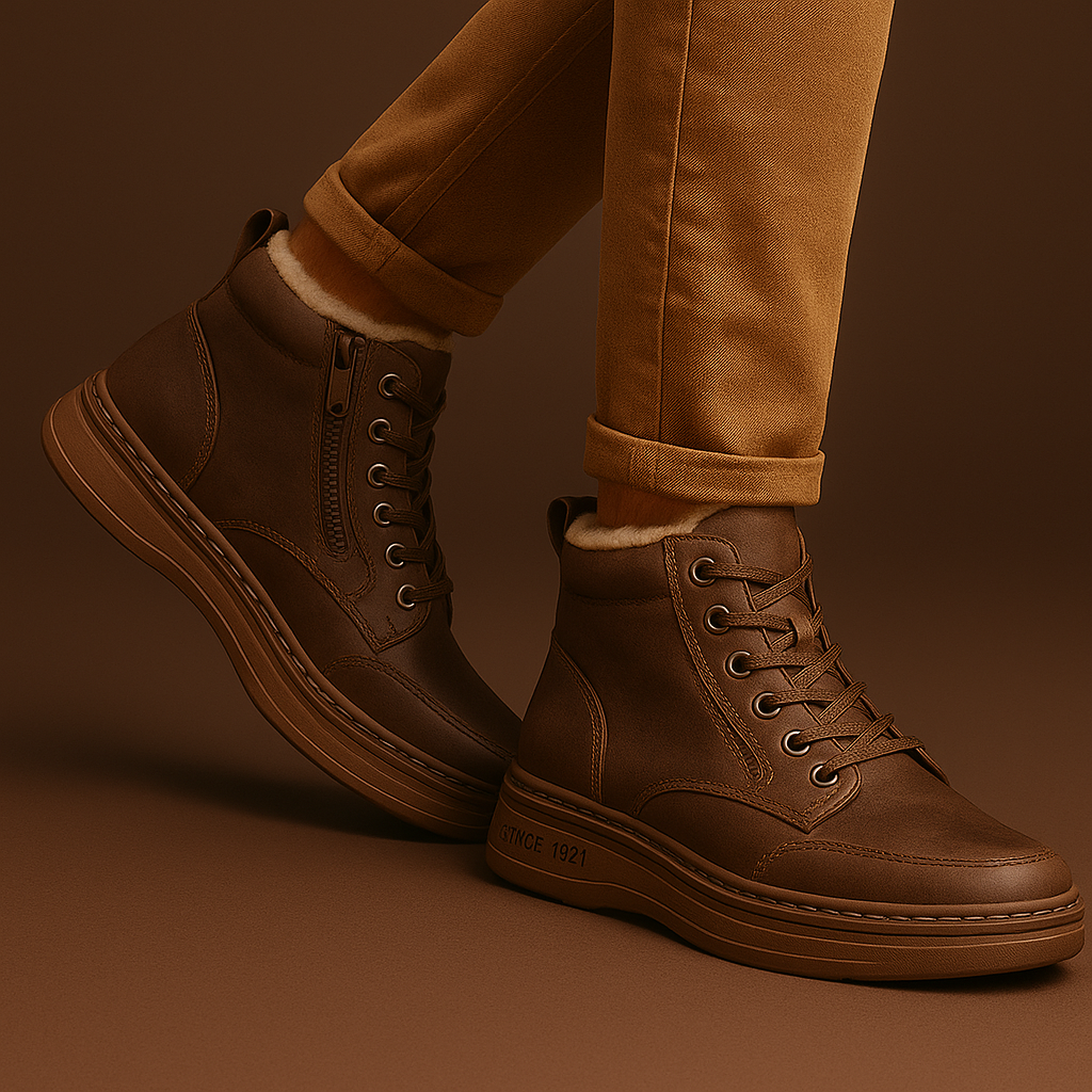 Men's shearling ankle boots with lace-up front, side zip and fleece-look collar