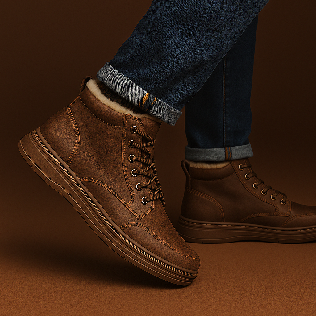 Men's shearling ankle boots with lace-up front, side zip and fleece-look collar
