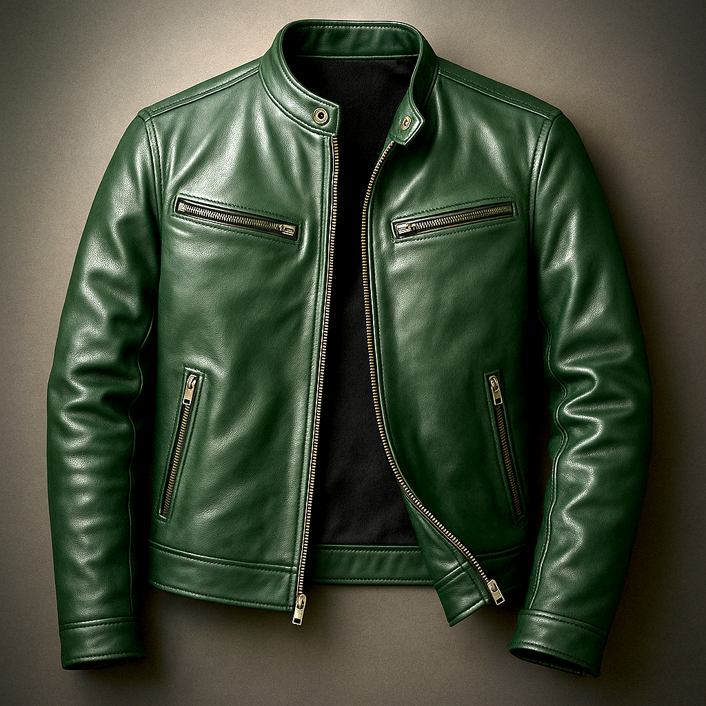 Men's Leather Jacket Slim Fit Band Collar - Brown