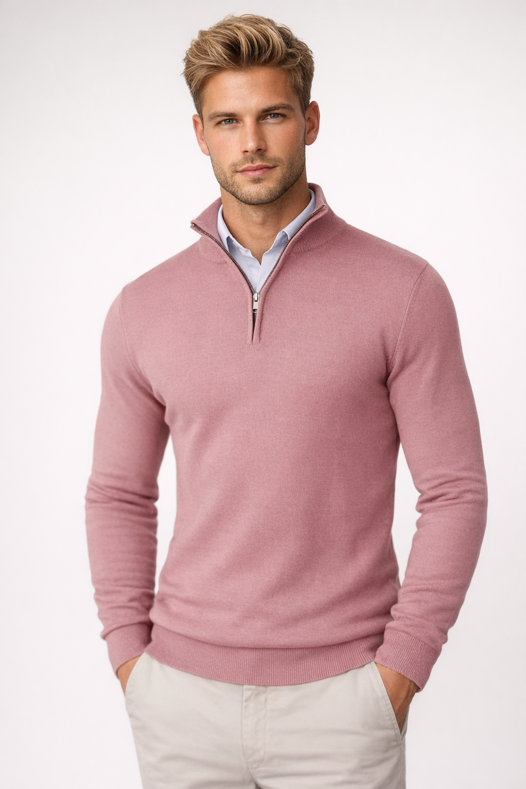 Men's long-sleeve half-zip jumper with raised collar and ribbed trims
