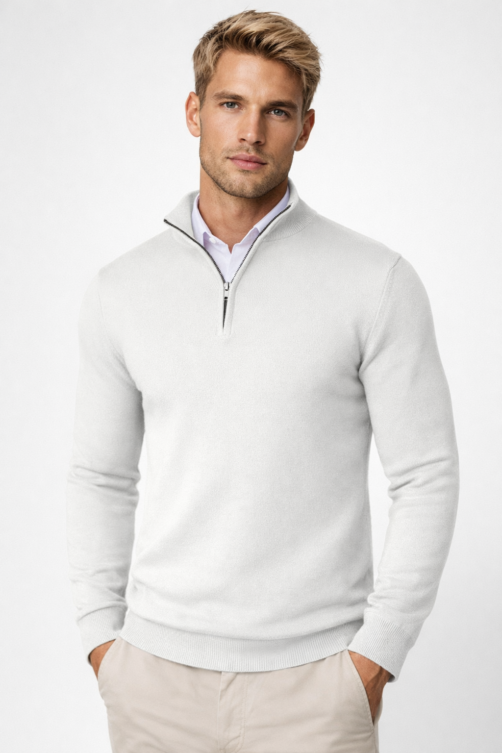 Men's long-sleeve half-zip jumper with raised collar and ribbed trims