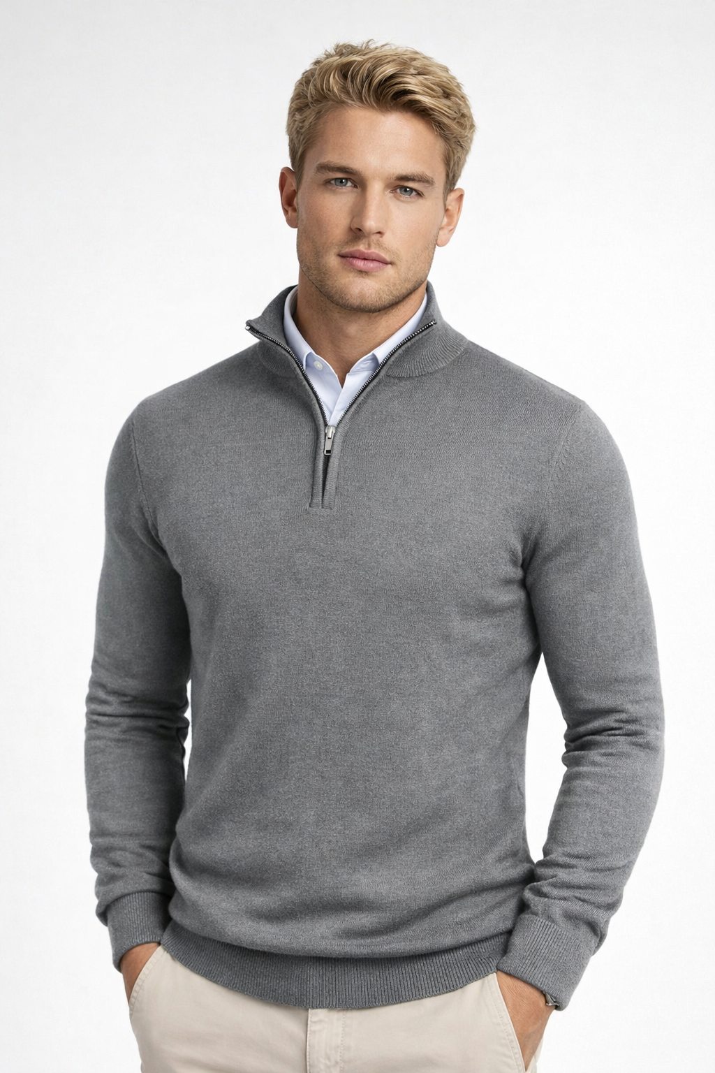 Men's long-sleeve half-zip jumper with raised collar and ribbed trims