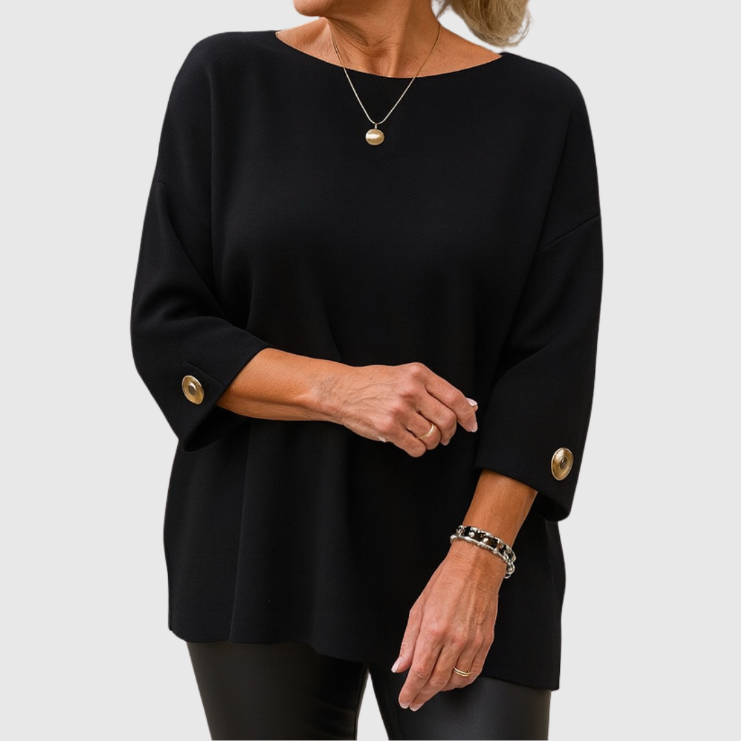 Women's round neck sweater with three-quarter sleeves and button cuffs