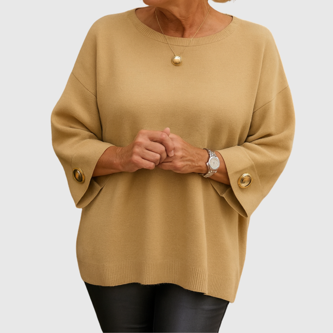 Women's round neck sweater with three-quarter sleeves and button cuffs