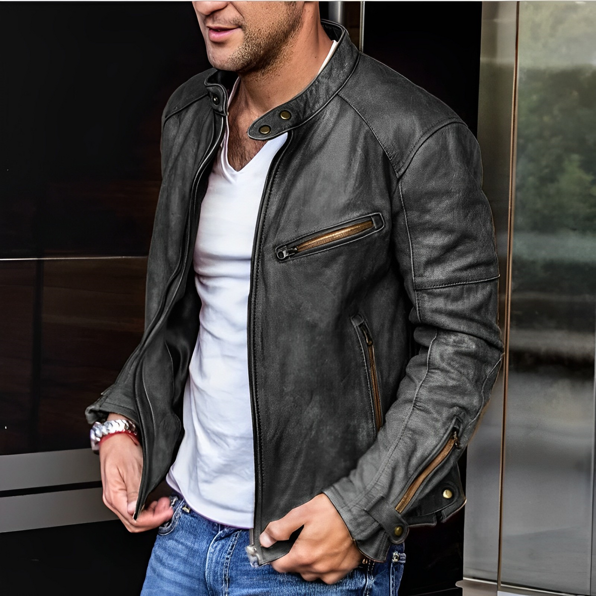 Men's biker jacket with stand collar, long sleeves and multiple zip pockets