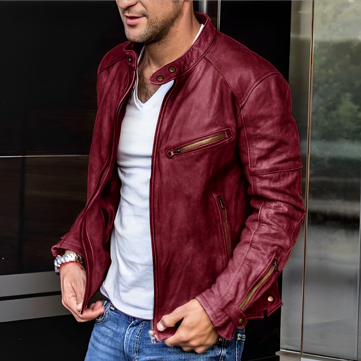 Men's biker jacket with stand collar, long sleeves and multiple zip pockets