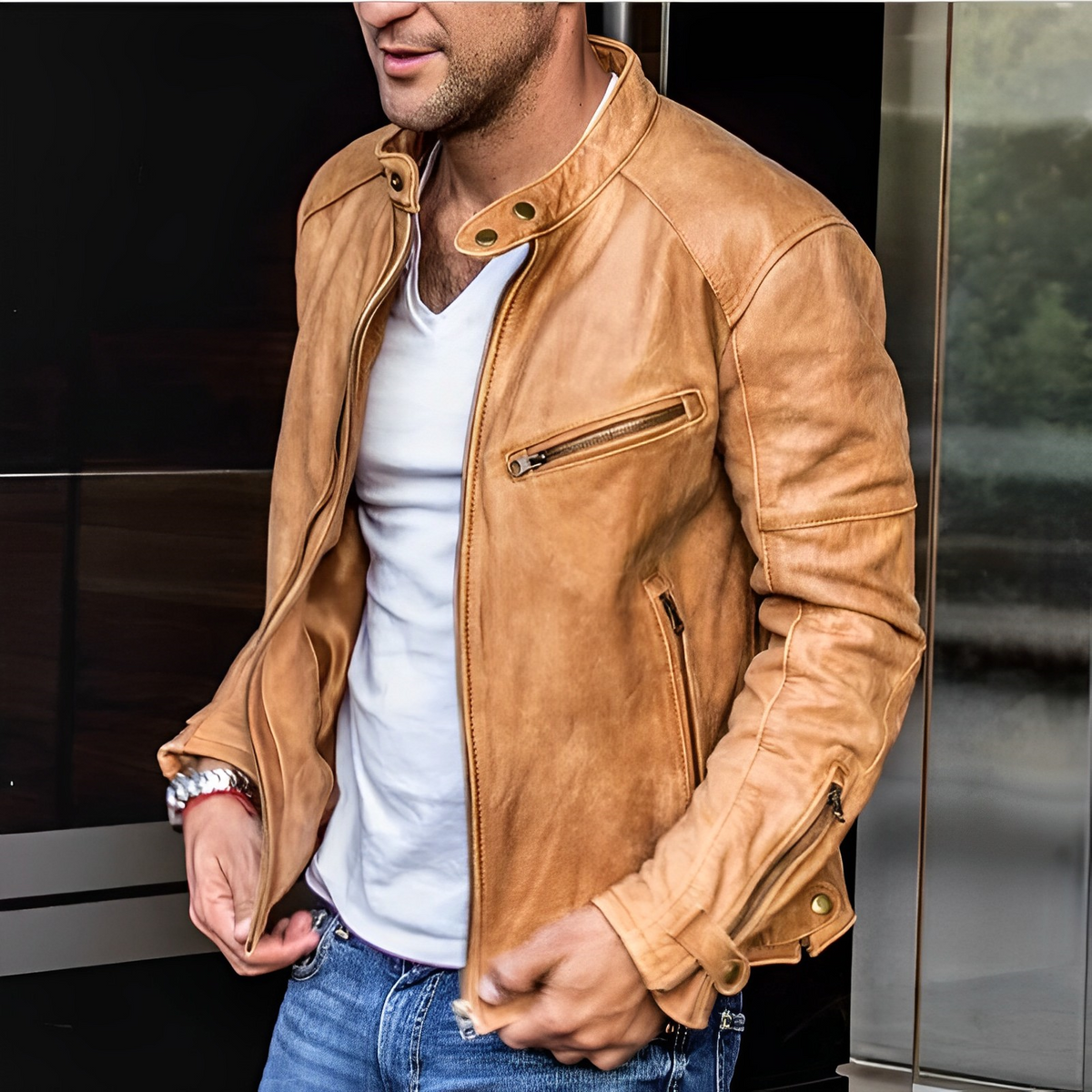 Men's biker jacket with stand collar, long sleeves and multiple zip pockets