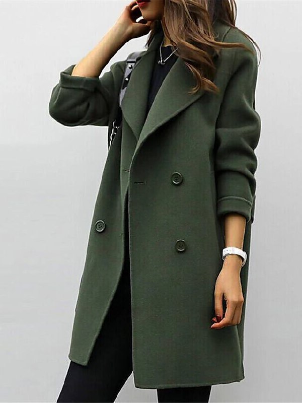 Women's long double-breasted coat with wide lapels and long sleeves