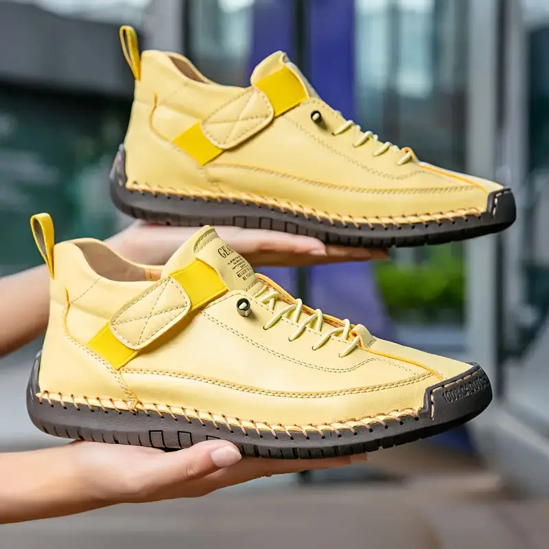 Women's Leather Sneakers Lace-Up Stitch Detail - Yellow