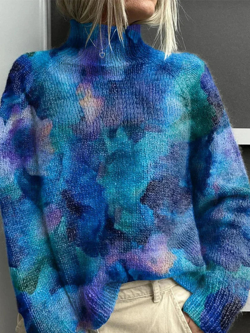 Women's long-sleeved patterned turtleneck jumper with ribbed trims
