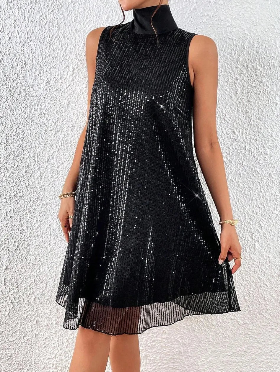 Women's sleeveless sequin mini dress with mock neckline and A-line shape