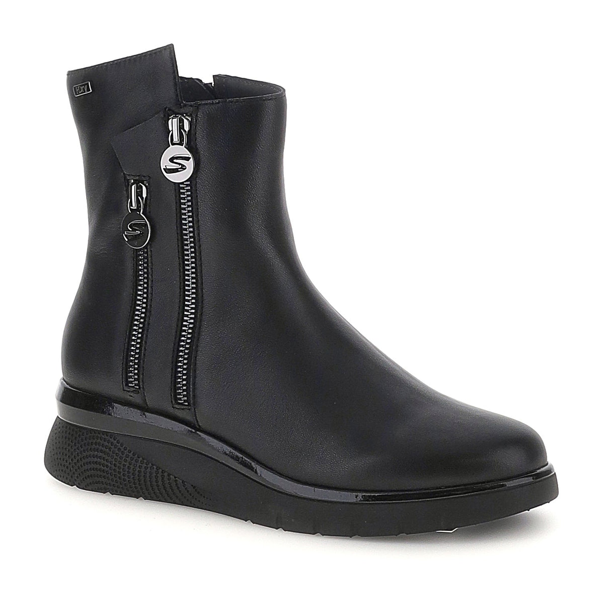 Black ankle boots with dual side zips and chunky platform soles
