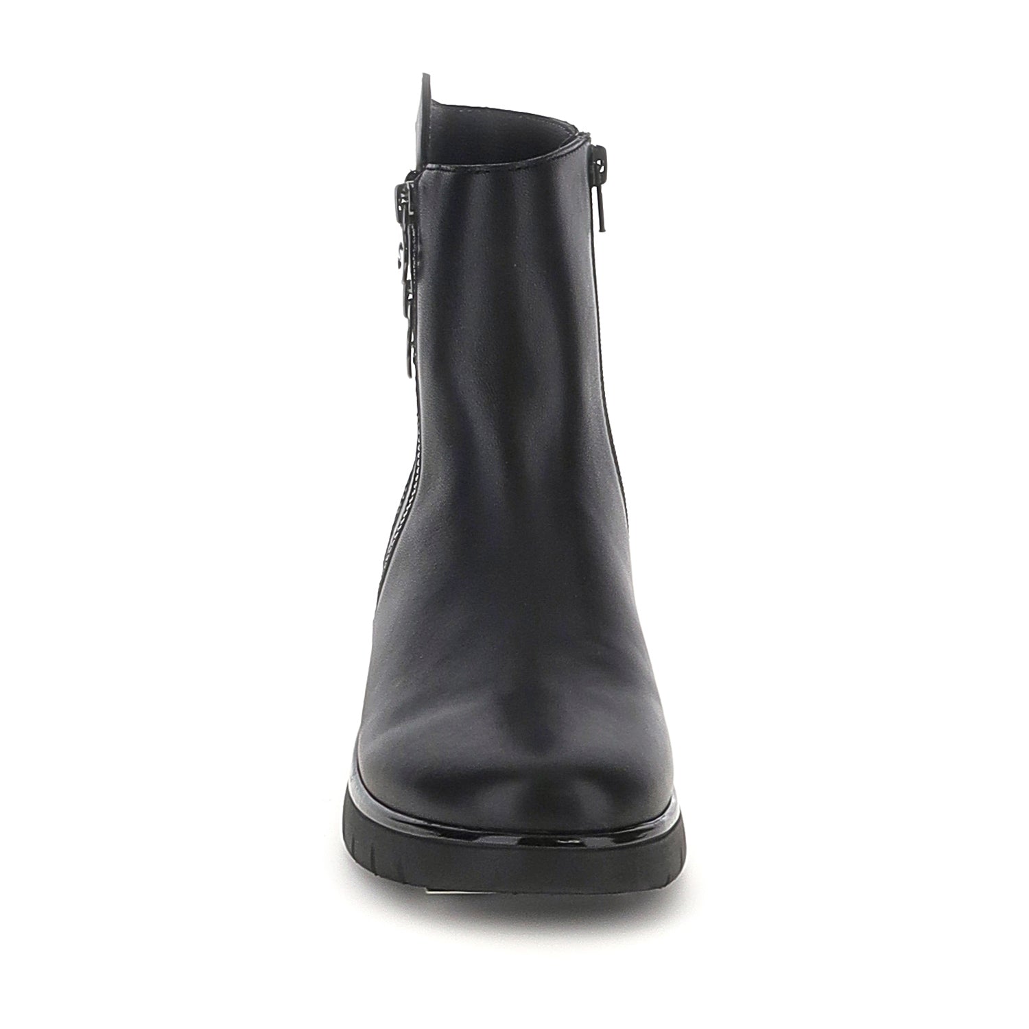 Black ankle boots with dual side zips and chunky platform soles