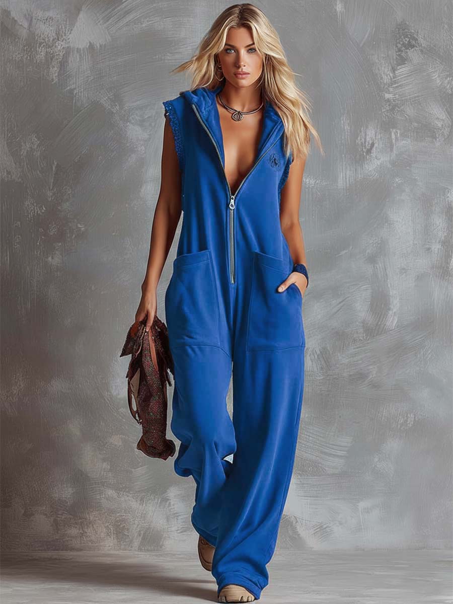 Women's Zip Jumpsuit Hooded Sleeveless Relaxed Fit Utility