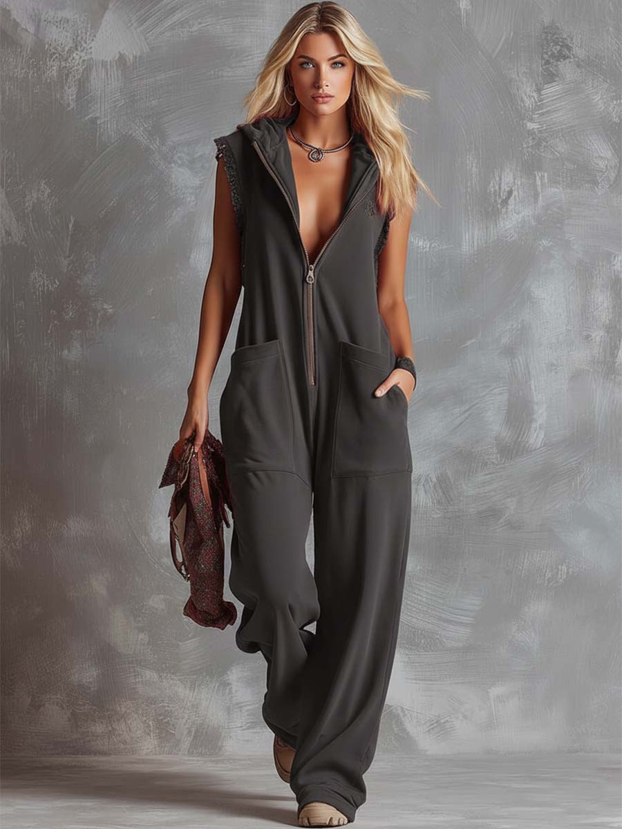 Women's Zip Jumpsuit Hooded Sleeveless Relaxed Fit Utility