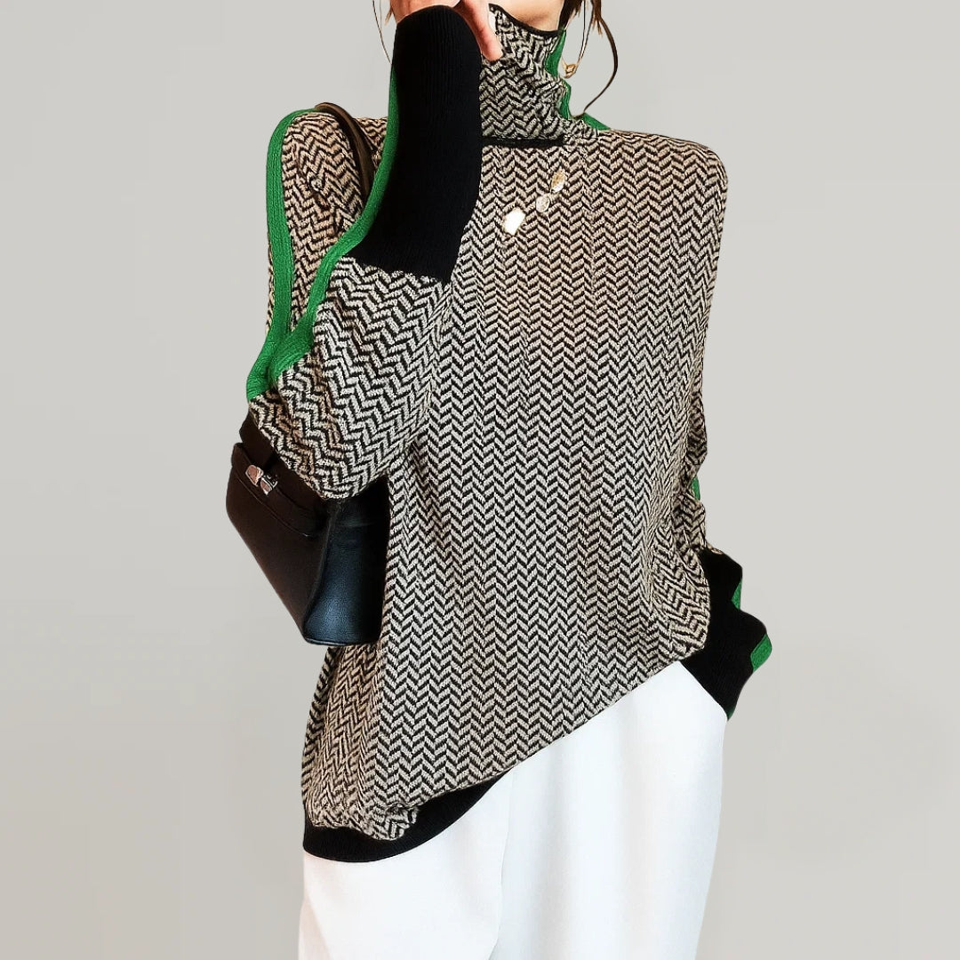 Women's chevron turtleneck jumper with contrast sleeve trims