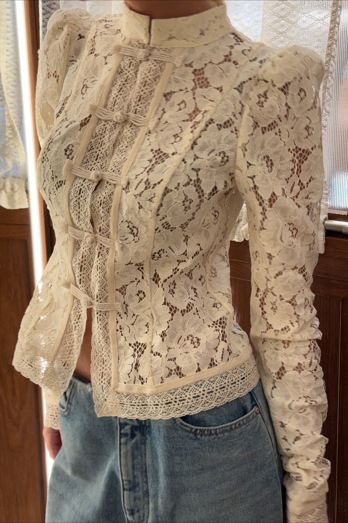 Women's white floral lace cardigan with stand collar and frog-style front ties