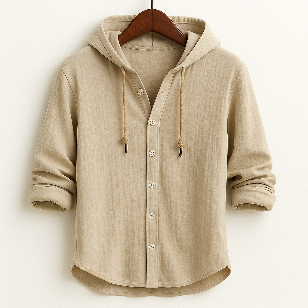 Men's long-sleeved hooded button shirt with drawstrings and curved hem