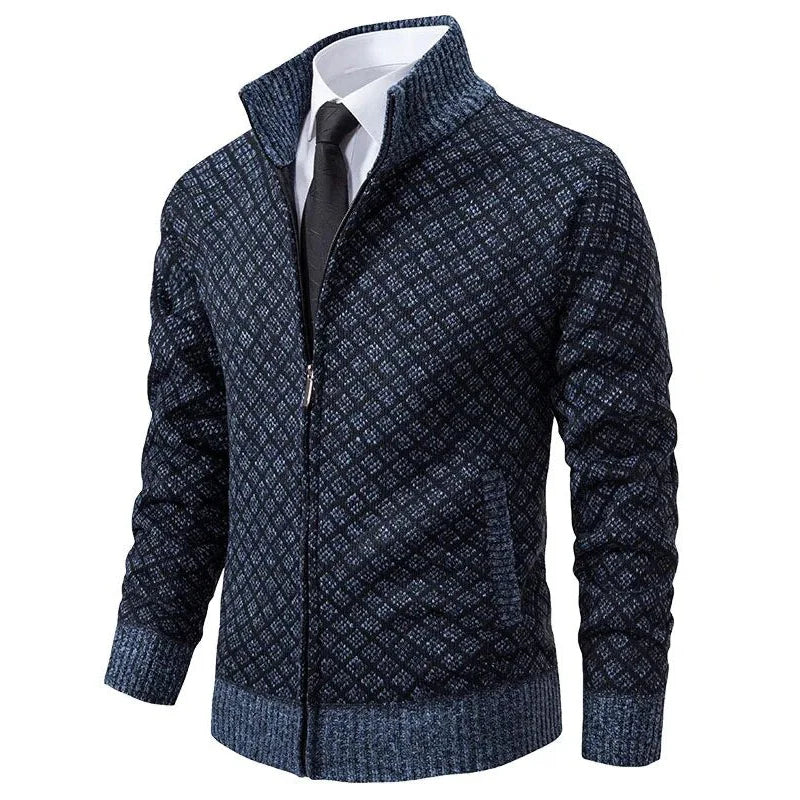 Men's geometric textured cardigan with mock neck, full zip and ribbed trims